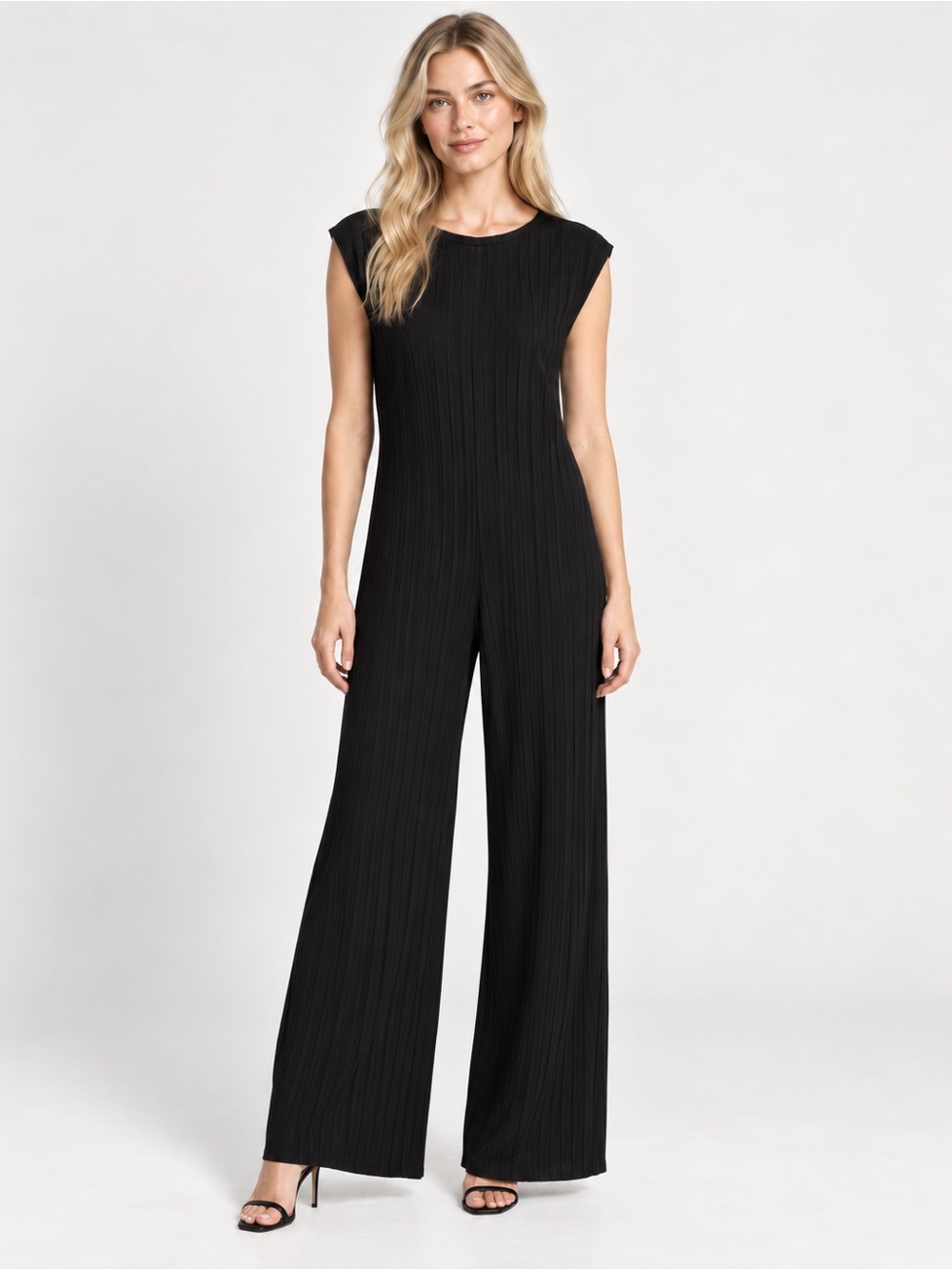 Zara Trafaluc Black Ribbed Wide Leg Sleeveless Jumpsuit